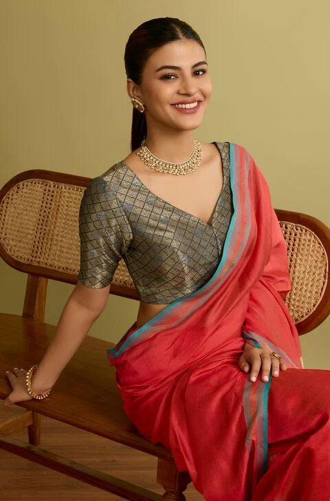 Grey Metallic Saree Blouse – Grey & Red